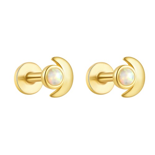 Moon Flat Back Opal Earrings for Cartilage Helix Tragus Lobe16g Gold over Ste...