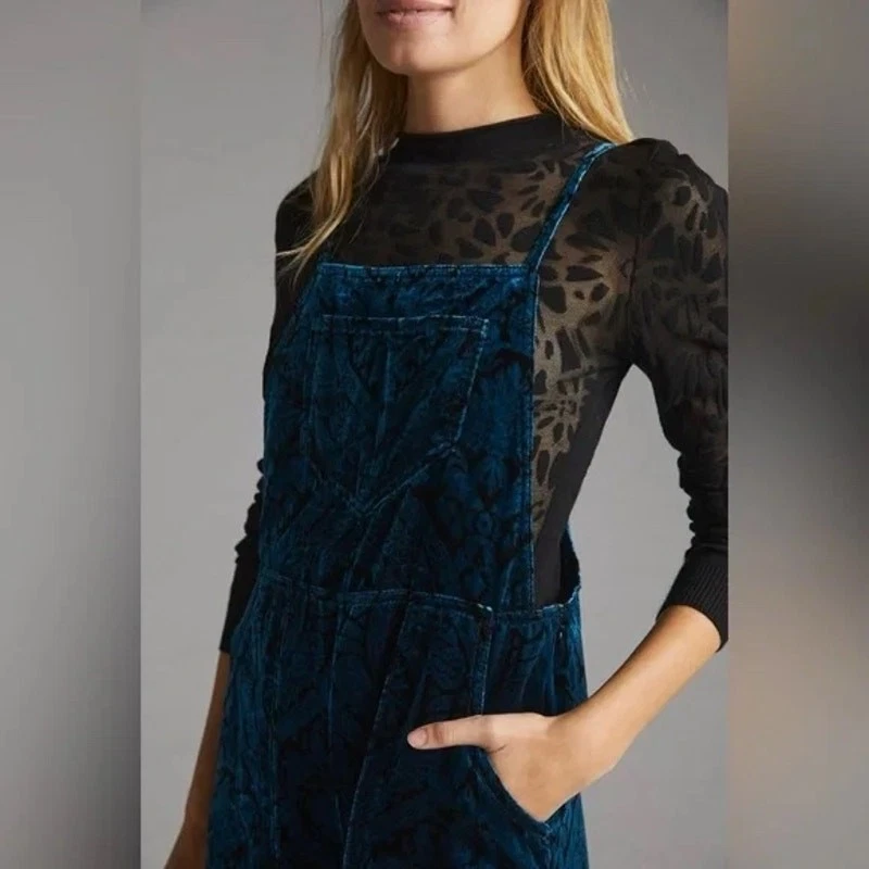 Mono de pierna ancha damasco terciopelo azul Anthropologie talla M de Anthropologie Foto 3 de 4