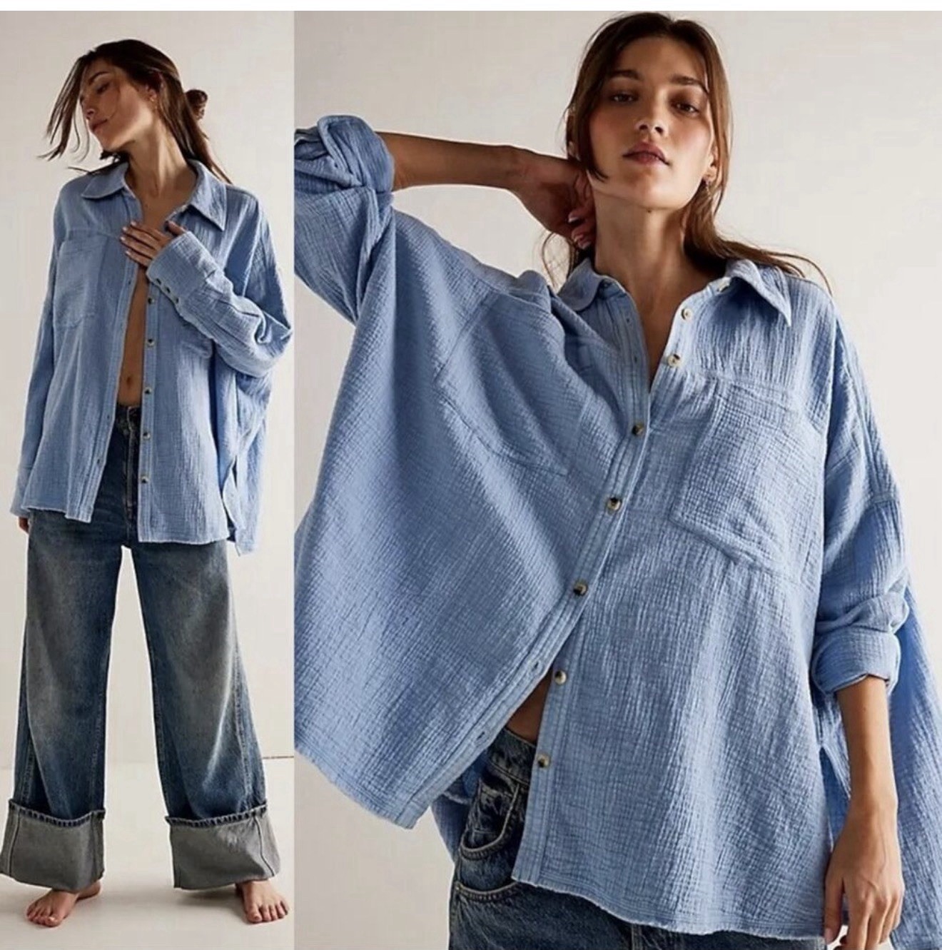 Free People We The Free Cardiff Top in Blue Bell Oversized Medium Gauze Cotton