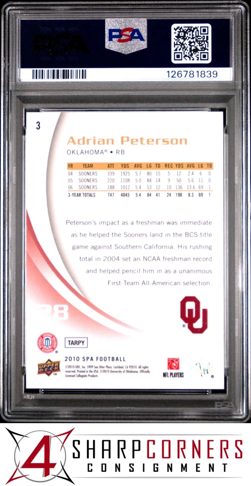 2010 SP AUTHENTIC #3 ADRIAN PETERSON VIKINGS POP 5 PSA 10 - Image 2 of 3