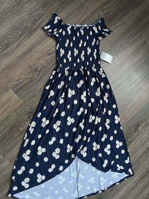 for Justify Navy Floral Off Shoulder Ruffle Smocked Hi-Low Dress M