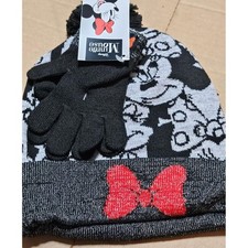Kids Beanie Hat  Gloves Disney Minnie Mouse Collage Pom-Pom Black Grey  Red