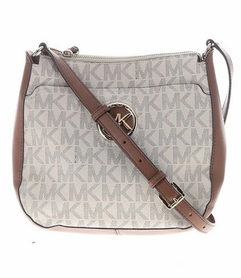 Michael Kors Monogram Canvas Crossbody Bag beige, white, brown Leather Trim Zip