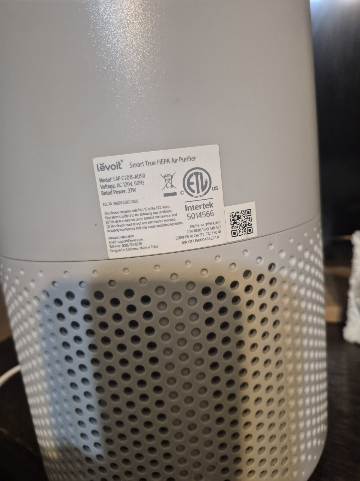 Levoit Core 200S-P Smart True HEPA Air Purifier Gray.- Free Shipping