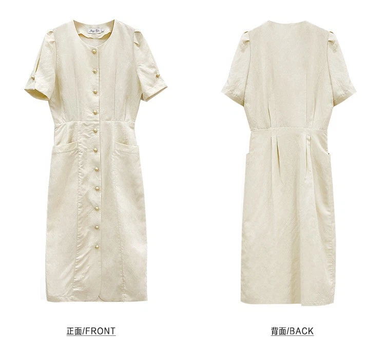 OFF WHITE Abito donna stile francese retrò bottoni manica corta cotone lino medio lungo tubino