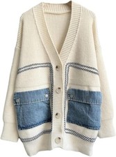 Women's Open Front Cardigan Oversized Button Down Denim Jean Patchwork Sweater