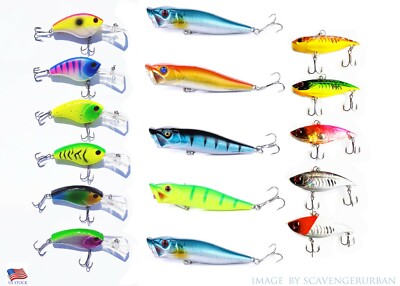 NEW 16 FISHING LURES TOP WATER POPPER VIB BAIT HARD SWIMBAIT WOBBLER BASS