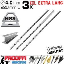 3 x HSS Metallbohrer Ø 4.0 mm Spiral Eisen Stahl Bohrer 220mm XXL Lange Version