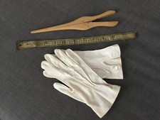 ANTIQUE VINTAGE HANDMADE HANDSTICHED GLOVES, MEASURE TAPE, AND STRETCHER