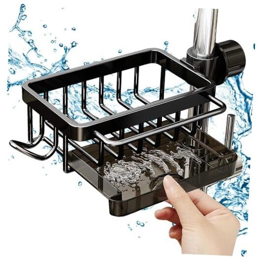 Black Kitchen Sink Organizer with Sponge and Dish Holder-image