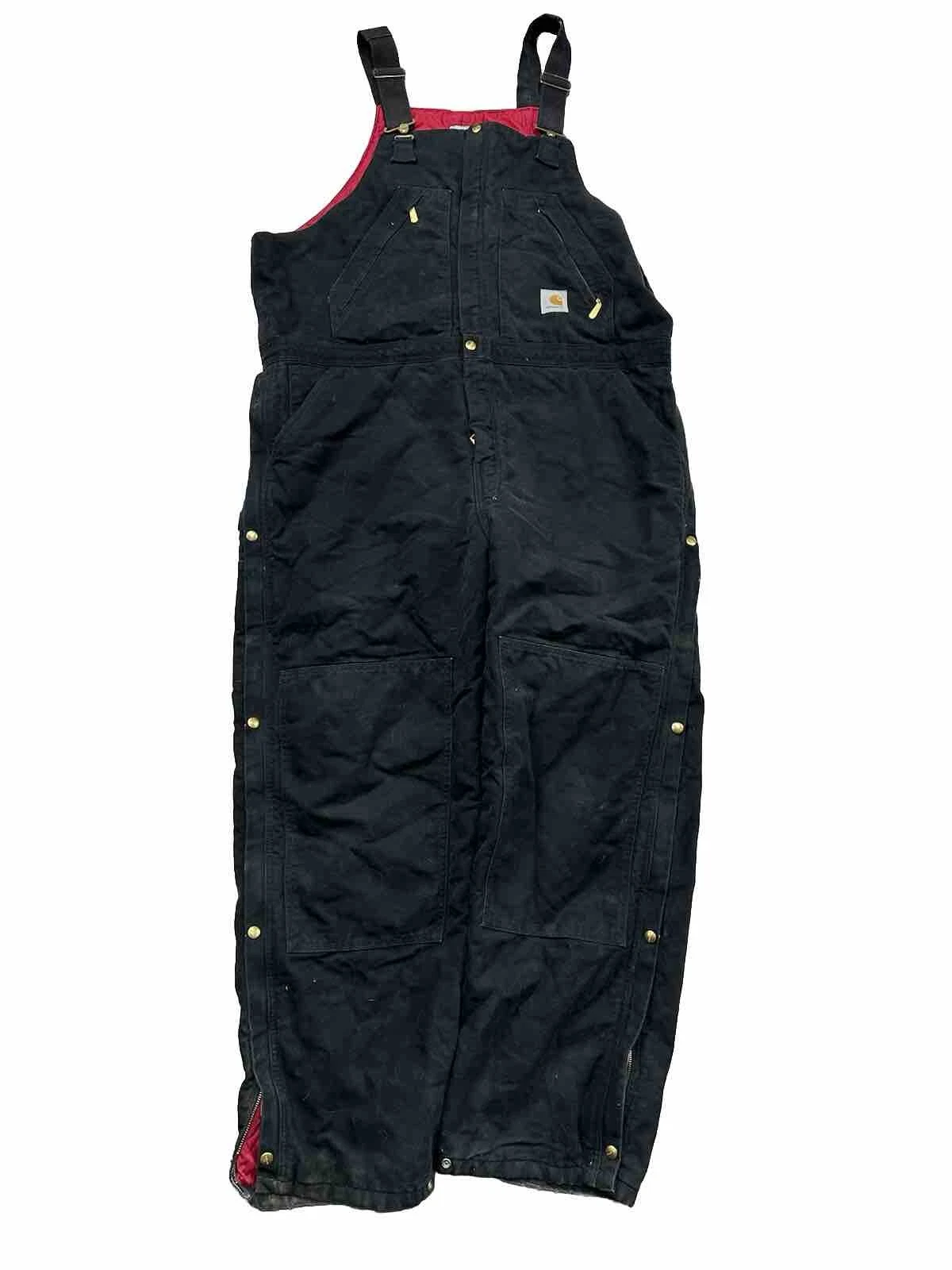 VTG Carhartt R38 BLK Duck Insulated Canvas Work Bib Overalls Double Knee 46x31