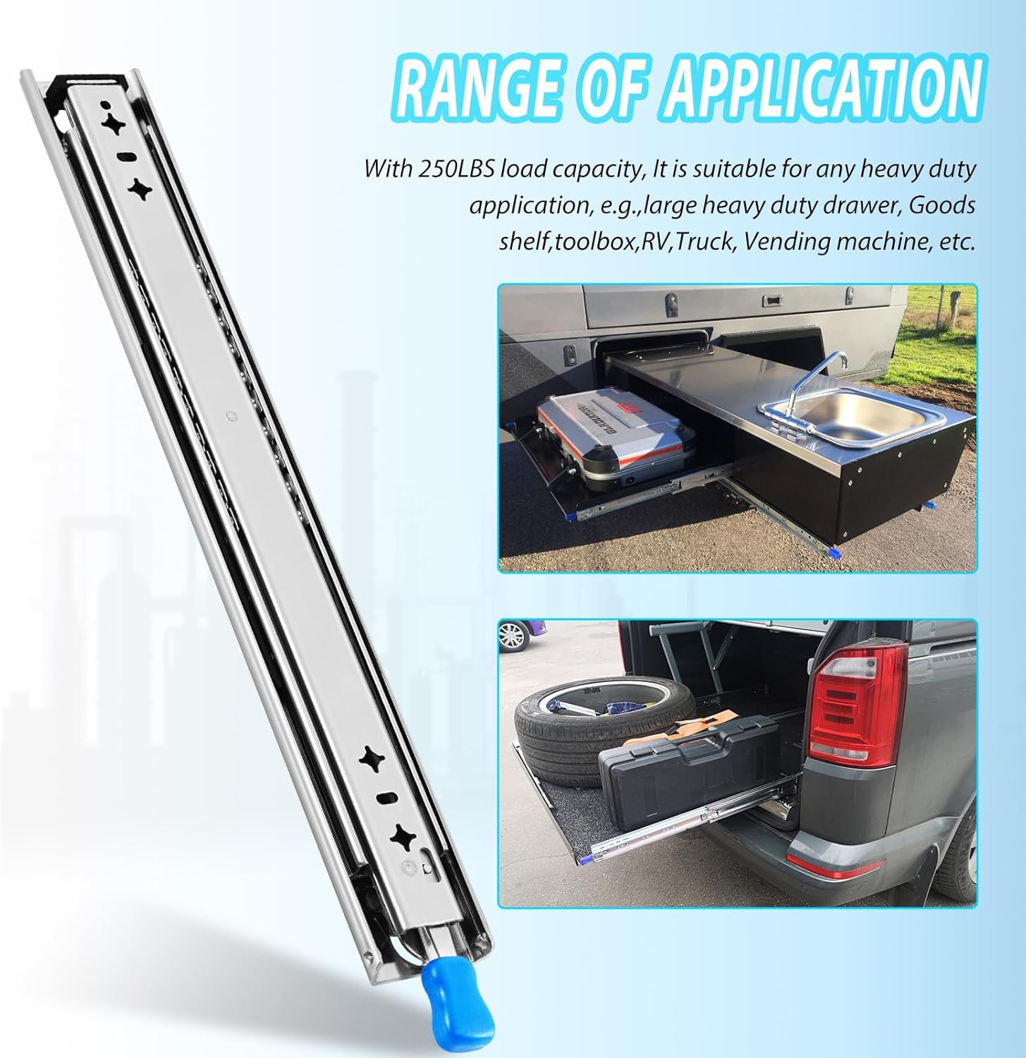 Heavy Duty Locking Drawer Slides 12-40 Inch, 250 Lbs, Full Extension Rails