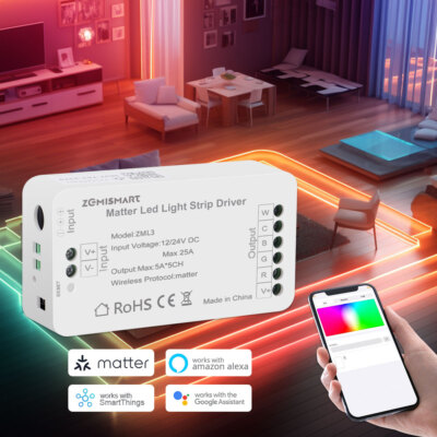 Matter WiFi RGB+CCT WWCW LED Stripe Controller 12V 24V fr Homekit Alexa Google