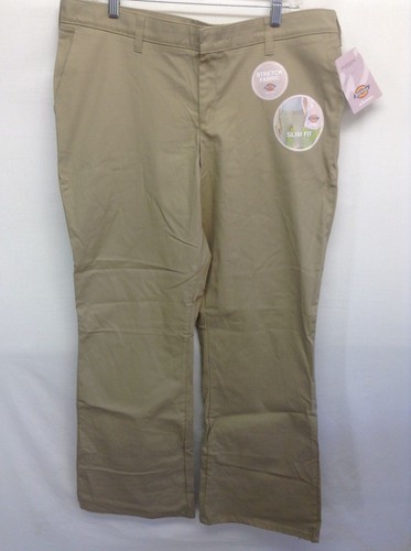DICKIES Women's Work Pants Khaki Flat Front Mid Rise Slim Fit Chino Pant NWT 16R