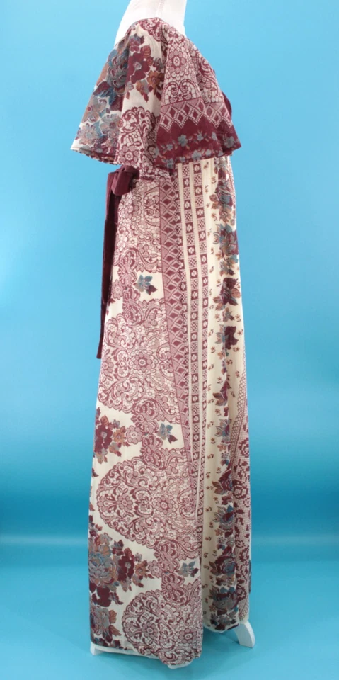 Vtg Women's 70s Maroon & Cream Floral Peasant Flutter Sleeve Dress XXS/XS 1970s - Image 3 of 4
