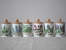 6 x Rare Royal Worcester Herb Jars, Fine Porcelain Spice Jars with Wooden Lids