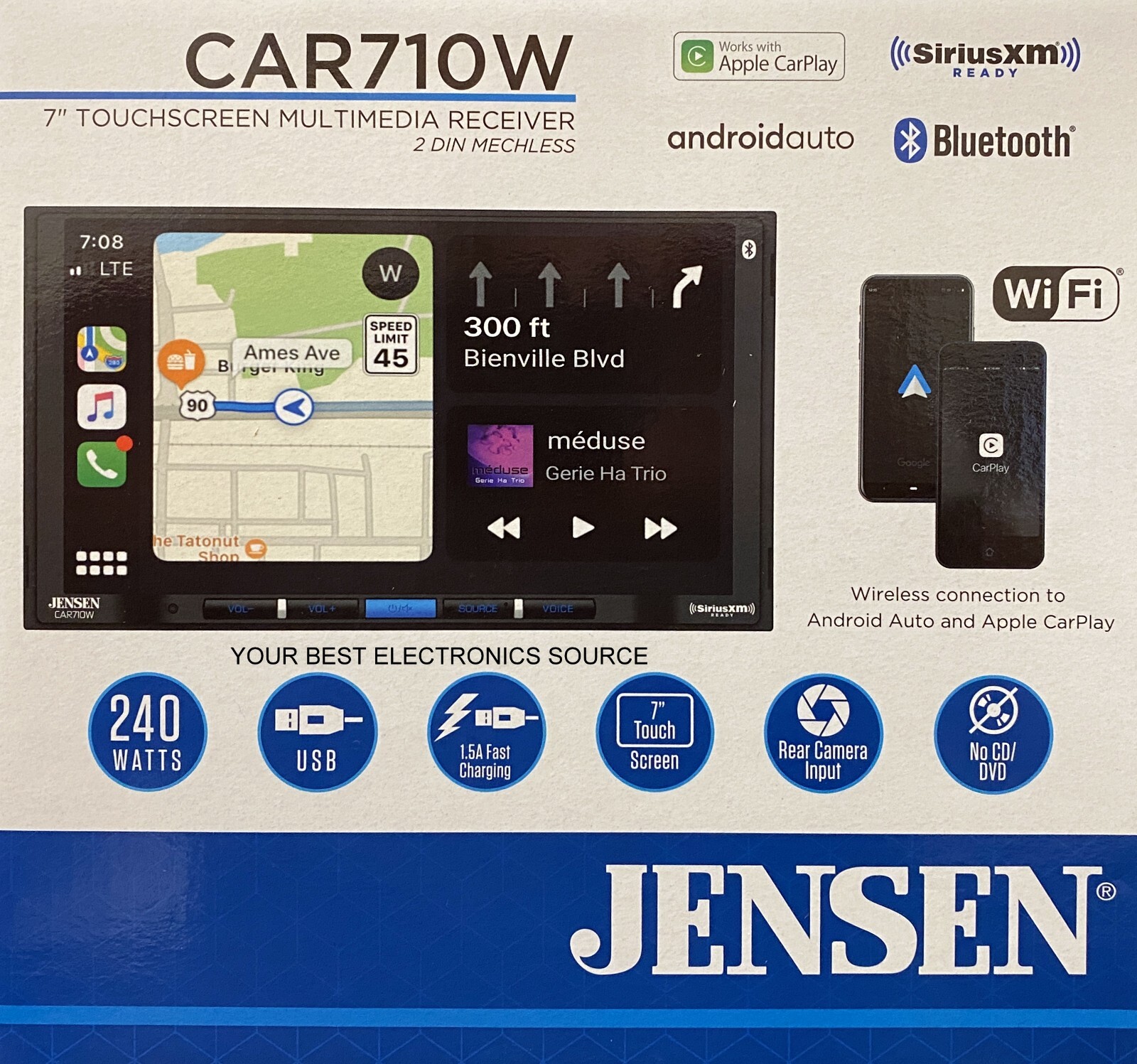 NEW Jensen CAR710W 2-DIN Digital Media Car Stereo, Wireless CarPlay/Android Auto