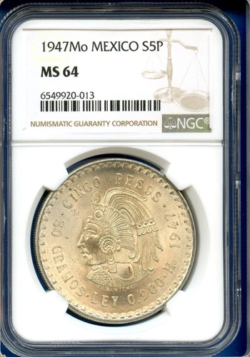 1947 Mo Mexico NGC MS64 Silver 5 Pesos S5P Cinco Pesos Coin Cuauhtemoc MS-64