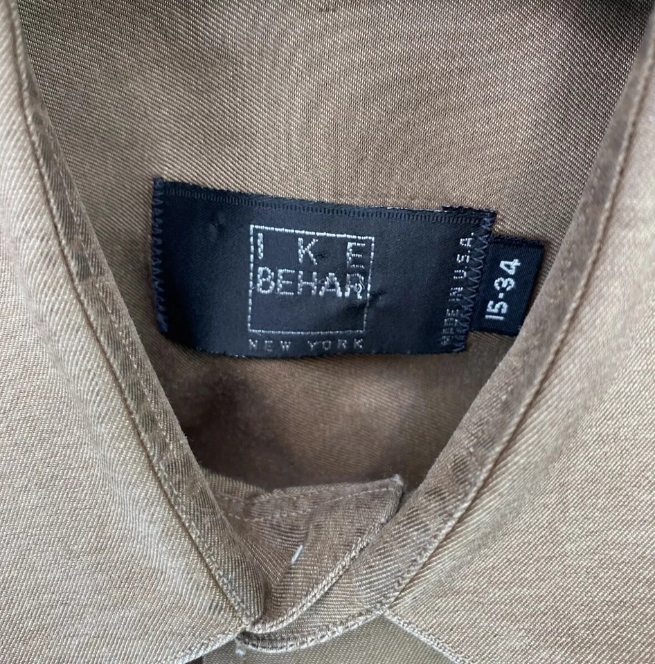 Camisa Ike Behar Para Hombre Abotonada Cuello LS Talla 15 Marrón Sólido Hecha en EE. UU. Usada en Excelente Condición Foto 3 de 4