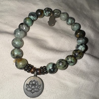 Karma & Luck Vitality Green African Turquoise Beaded Bracelet Lotus Flower Charm