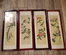 Set of 4 Vintage Bird Prints on Silk Japanese Art Prints 
