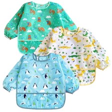 3 Pack Waterproof Long Sleeve Baby Bibs for Eating Messy Play, Toddler Smoc...