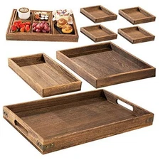  Rustic Wooden Serving Trays with Handle - Set of 7 Rectangular Paulownia Wood