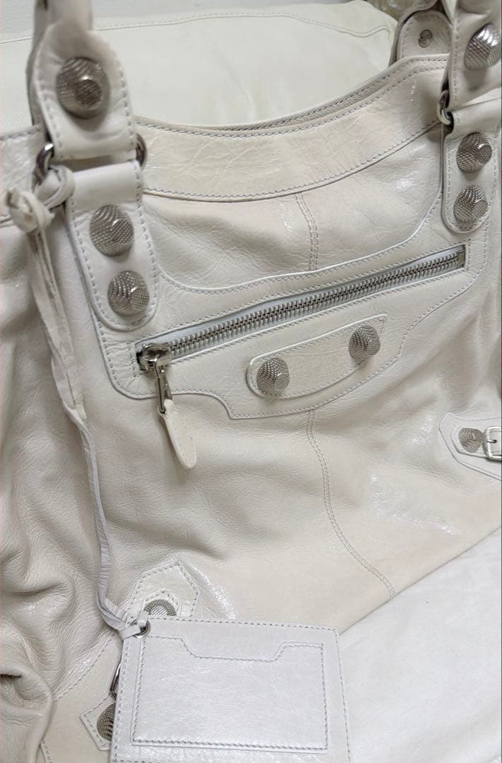 BALENCIAGA Giant City White Leather Handbag Large Travel Silver