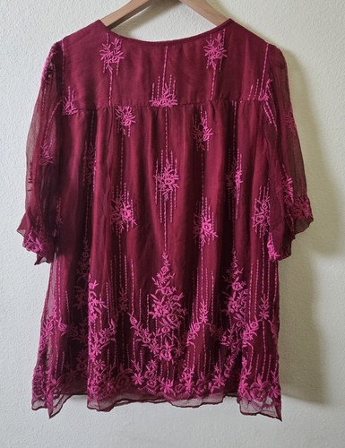 Blusa Sundance Mujer Top Grande Granate Cora Túnica Bordada Boho Forrada Transparente - Imagen 4 de 6