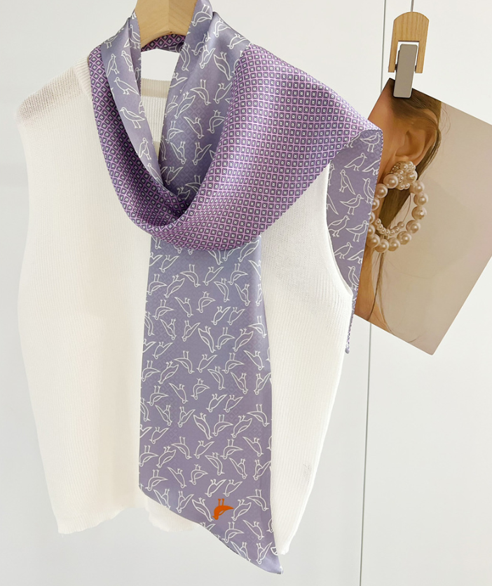 100% Mulberry Silk Scarf 150x16cm Women Wrap Purple Grass Print Fashion Neckwear