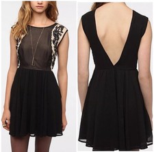 NWT Pins And Needles Sz 12 Black And Nude Flare Dress Lace Embroidery Chiffon