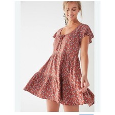 Urban Outfitters Tiered Baby Doll Dress Red Floral Cottagecore Hippie Peasant M