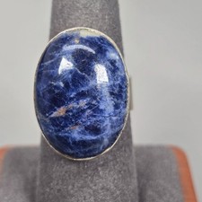 Vintage Sterling Silver Blue Sodalite Oval Stone Ring Adjustable Size 8.5