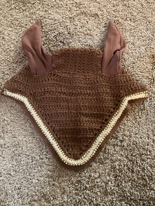 Custom handmade horse/full/medium fly bonnet brown with gold trim