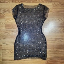 Women's Mesh Sequin Pearl Embellished Mini Dress Size S See Sheer Party Whimsy