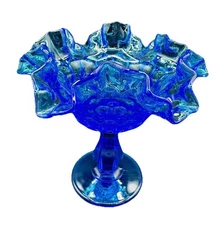 Vintage Fenton Compote Dish Thumbprint Colonial Pressed Glass Cobalt Blue