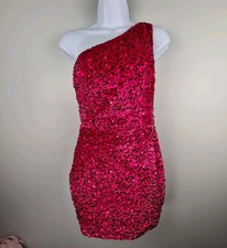 Milly Bridal Sequin Velvet One-Shoulder Mini Dress XS/S Hot Pink Open Back Party