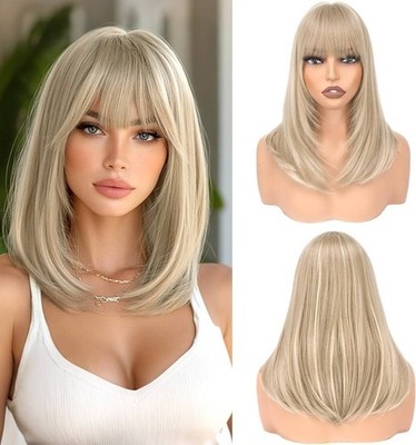 Platinum BLONDE Human HAIR Blend Multicolor Wavy Curly bangs layers