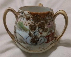 Antique Royal Satsuma Nippon small 3 handled cup hand painted detail w gold