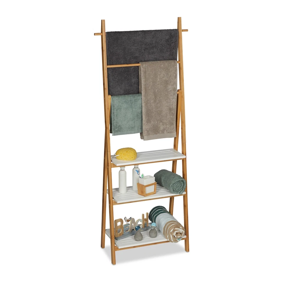 Porte-serviettes étagère échelle 3 niveaux 5 kg porte-serviettes en bambou - Photo 1/4