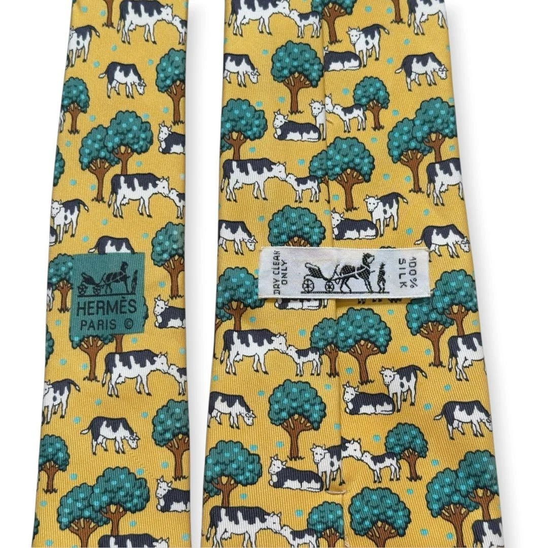 HERMES Excellent Condition Cow Print Silk Tie Yellow Animal