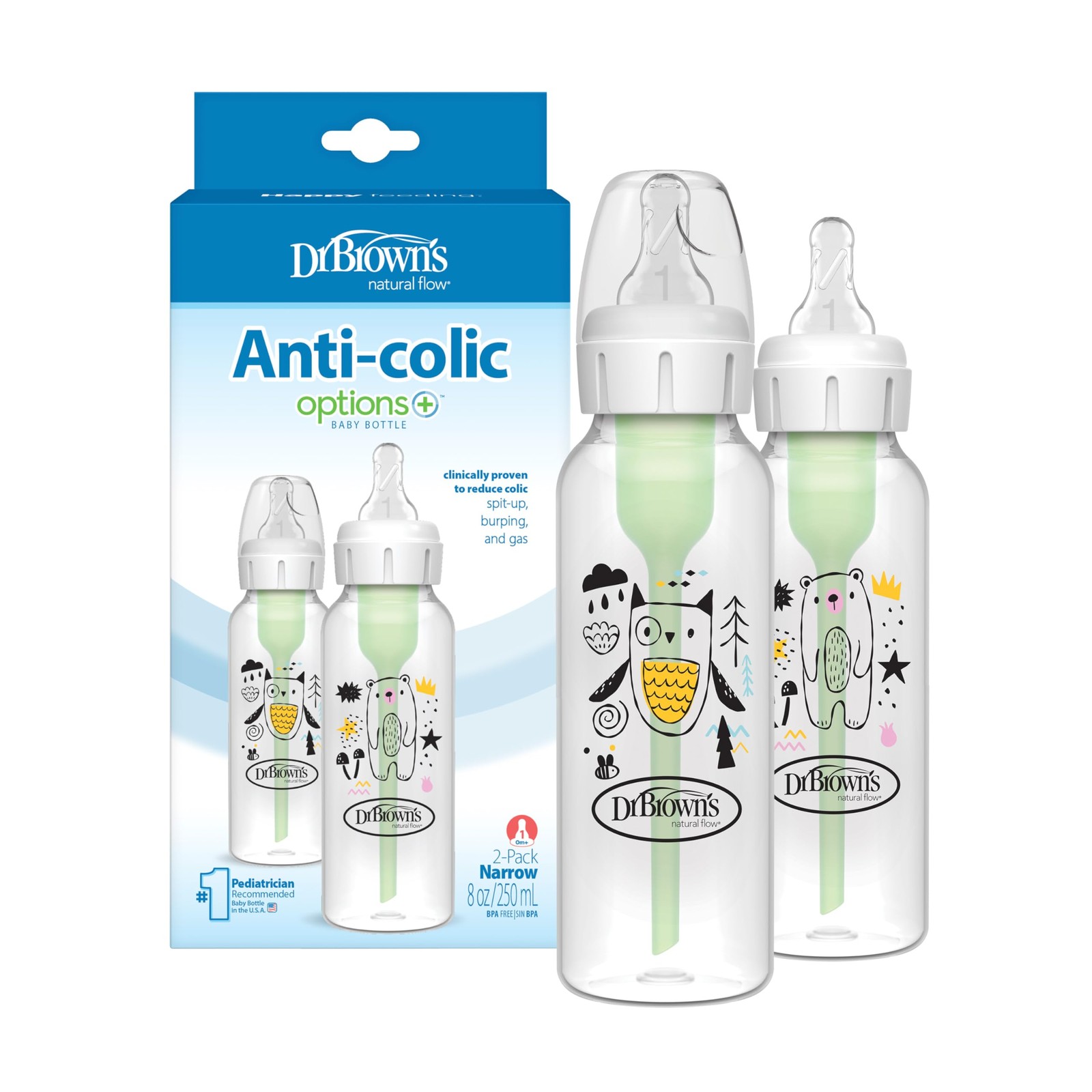 Dr. Browns Natural Flow Anti-Colic Options+ Narrow Baby Bottle, Bear  Owl, 8