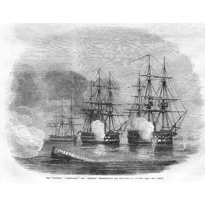 KRIMKRIEG Baltische Flotte Begegnung Batterien von Sandham - Antikdruck 1855