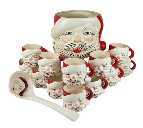 Vtg 1950s Mallory Jamar Ceramic Christmas Santa Claus Punch Bowl 12 Mugs Ladle - Picture 3 of 24