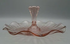 Vintage Anchor Hocking Pink Depression Glass Center Handled Ruffled Tidbit Dish