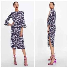 ZARA Dress Womens XS Navy Flower Shift Midi Long Bell Sleeve Side Slits