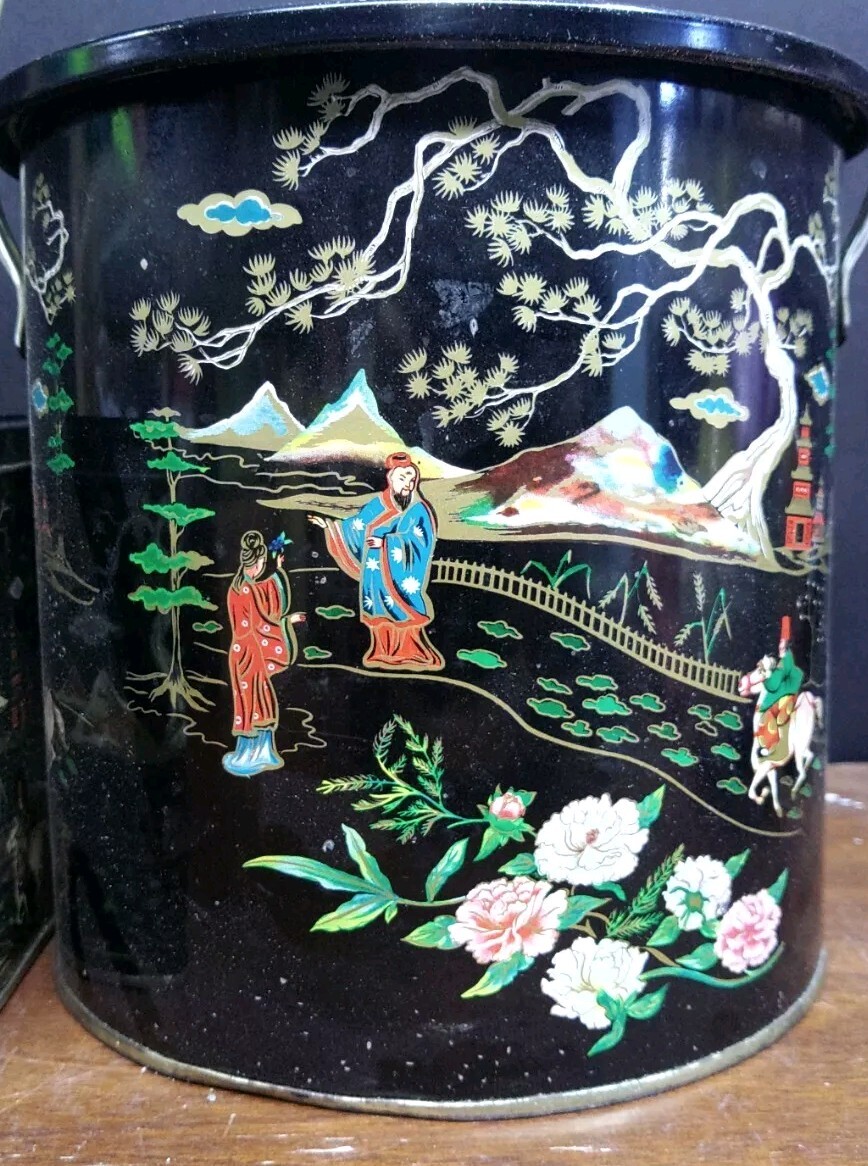 Vintage Baretware Round Biscuit Barrel Oriental Design And Vintage Baretware Round Biscuit Barrel Oriental Design And