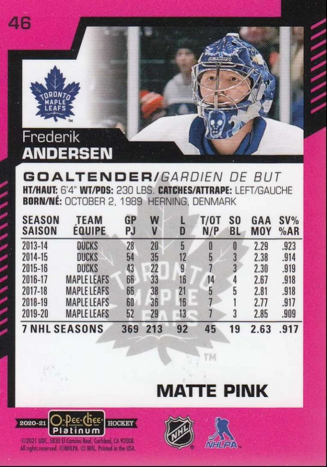 2020-21 O-Pee-Chee Platinum Matte Pink Frederik Andersen Toronto Maple Leafs #46 - Image 2 of 2
