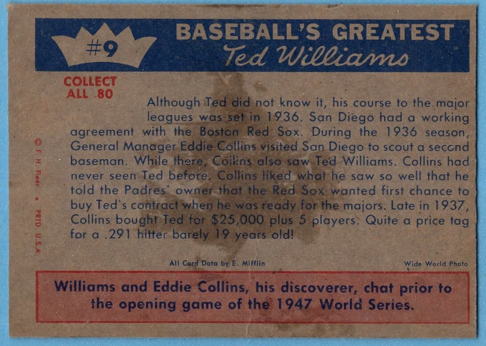 Fleer Ted Williams 1959 #9 Williams Eddie Collins excelente marcado Medias Rojas A5781 Foto 2 de 2