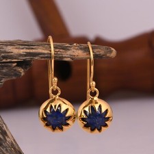 Round Lapis Lazuli Gemstone 925 Silver Gold Plated Dangle Earrings Jewelry Gift
